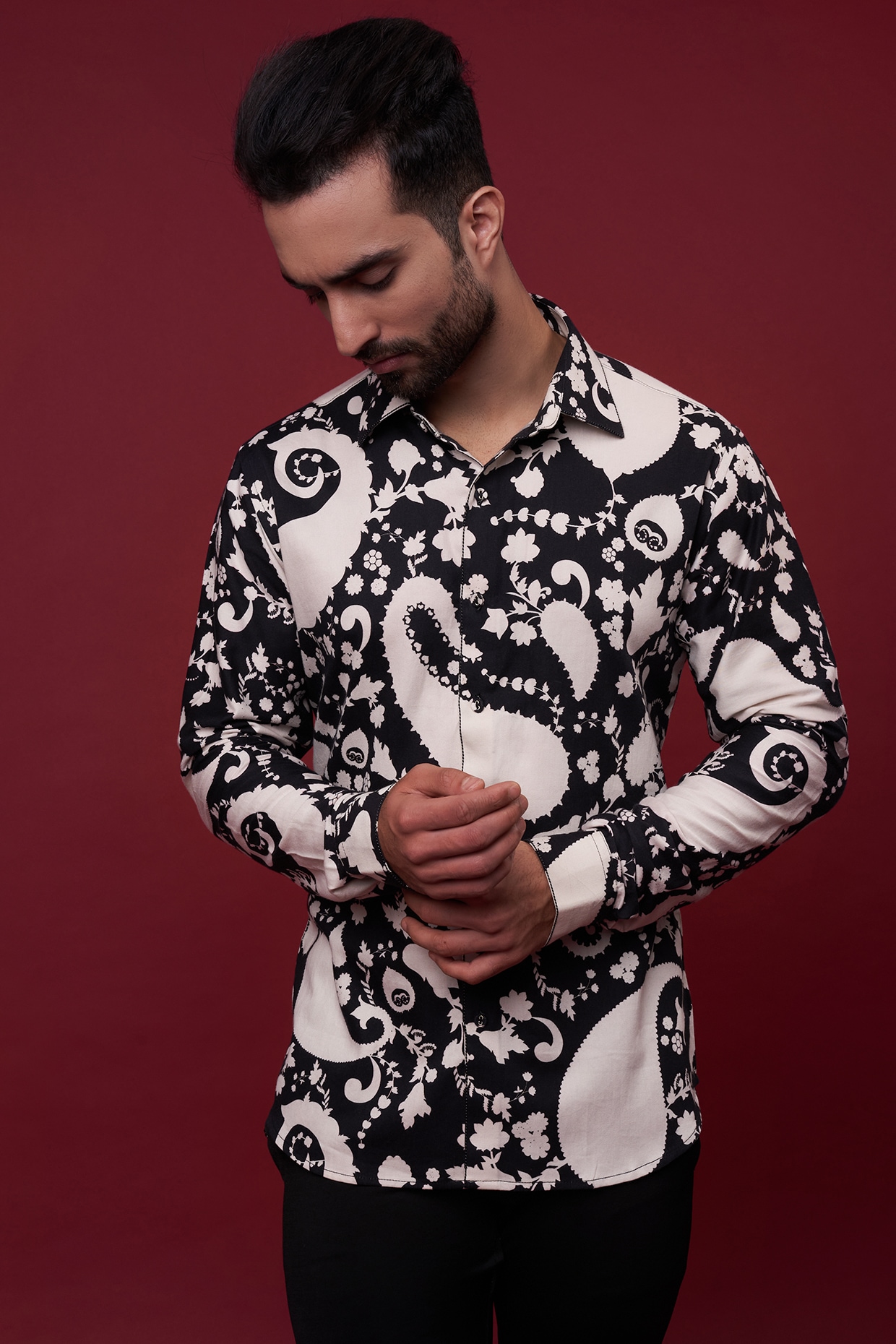 Black White Cotton Satin Digital Printed Shirt by Siddhartha Bansal Men at Pernia s Pop Up Shop