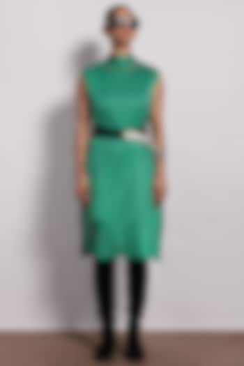 Green Crepe Midi Vacation Dress With Belt by Devina Juneja at Pernia's Pop Up Shop