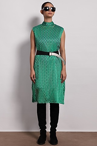 Green Crepe Midi Dress With Belt by Devina Juneja
