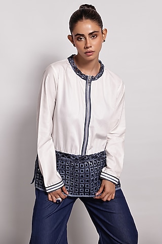White Pure Cotton Applique Embroidered Shirt by Devina Juneja