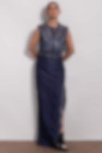 Denim Blue Applique Embroidered Vest by Devina Juneja at Pernia's Pop Up Shop