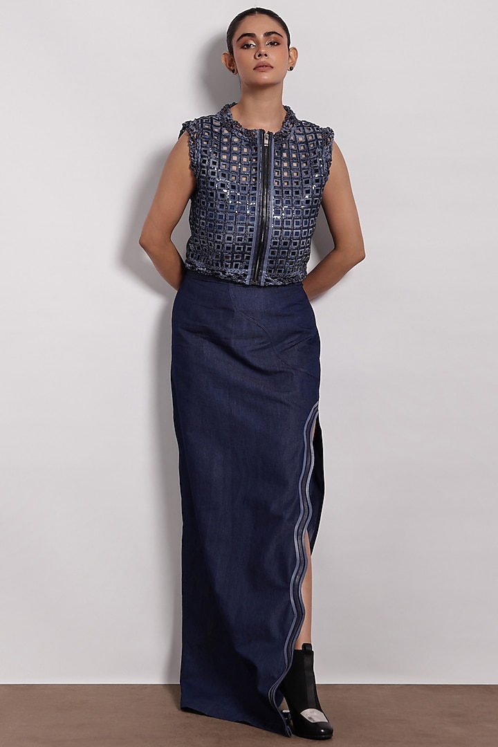 Denim Blue Applique Embroidered Vest by Devina Juneja at Pernia's Pop Up Shop