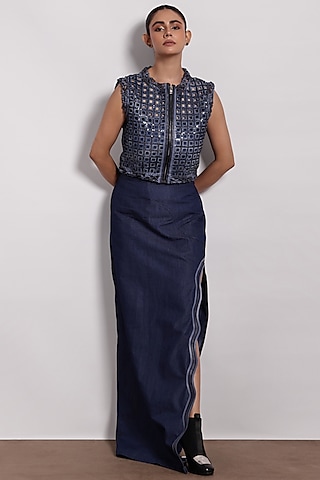Denim Blue Applique Embroidered Vest by Devina Juneja