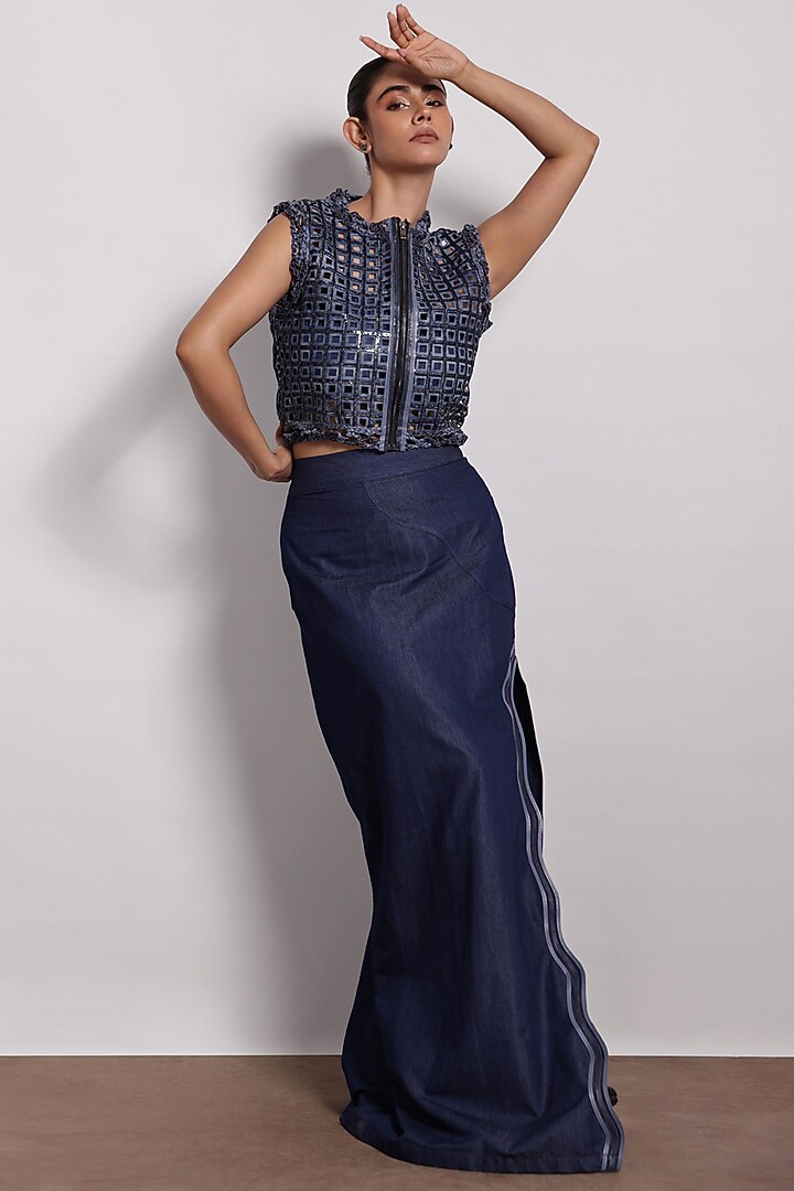 Denim Blue Applique Embroidered Vest by Devina Juneja at Pernia's Pop Up Shop