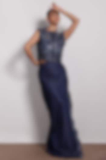 Denim Blue Applique Embroidered Maxi Skirt by Devina Juneja at Pernia's Pop Up Shop
