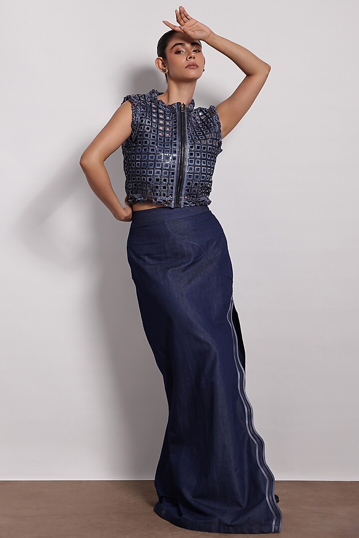 Denim Blue Applique Embroidered Maxi Skirt by Devina Juneja at Pernia's Pop Up Shop