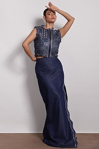 Denim Blue Applique Embroidered Maxi Skirt by Devina Juneja