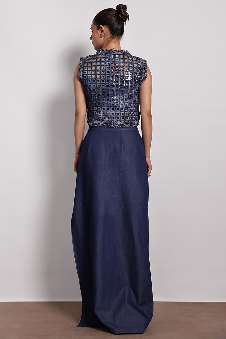 Denim Blue Applique Embroidered Maxi Skirt by Devina Juneja at Pernia's Pop Up Shop