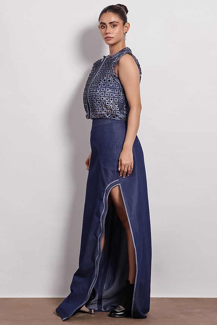 Denim Blue Applique Embroidered Maxi Skirt by Devina Juneja at Pernia's Pop Up Shop