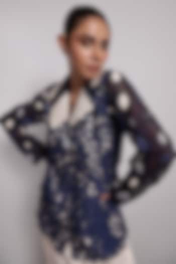 Denim Blue Applique Embroidered Shirt by Devina Juneja at Pernia's Pop Up Shop