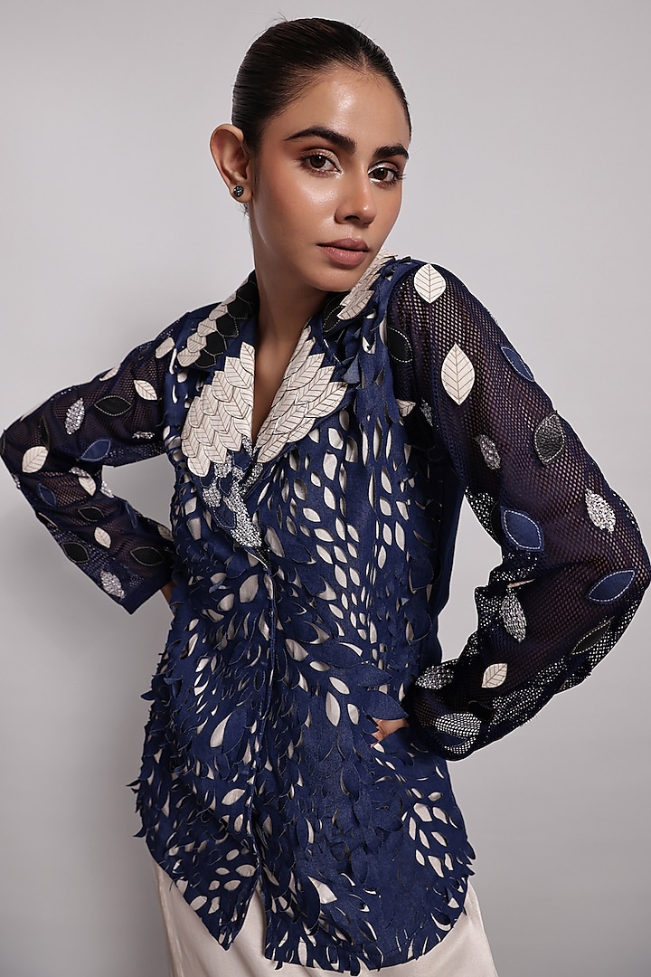 Denim Blue Applique Embroidered Shirt by Devina Juneja at Pernia's Pop Up Shop