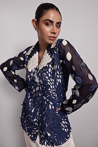 Denim Blue Applique Embroidered Shirt by Devina Juneja
