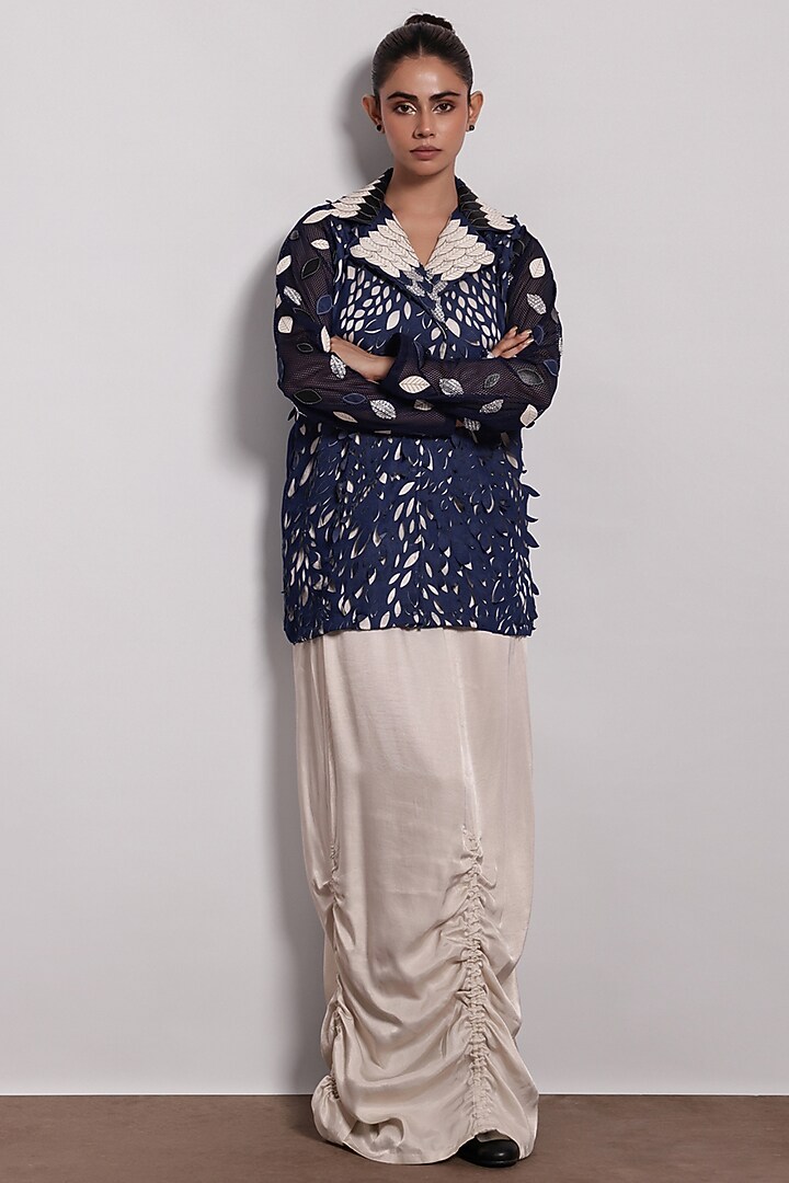 Denim Blue Applique Embroidered Shirt by Devina Juneja at Pernia's Pop Up Shop