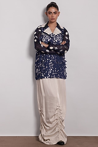 Bone-Colored Satin Ruched Maxi Skirt by Devina Juneja