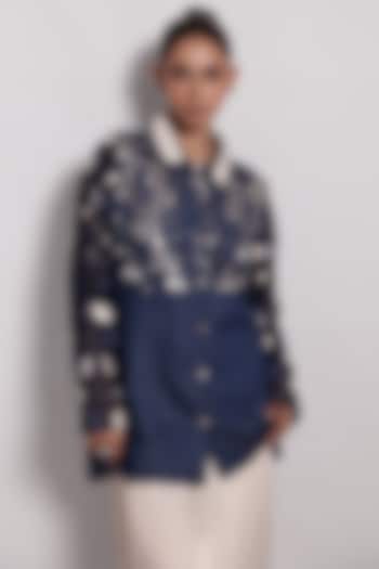 Denim Blue Sequin Leaf Embroidered Shirt by Devina Juneja at Pernia's Pop Up Shop