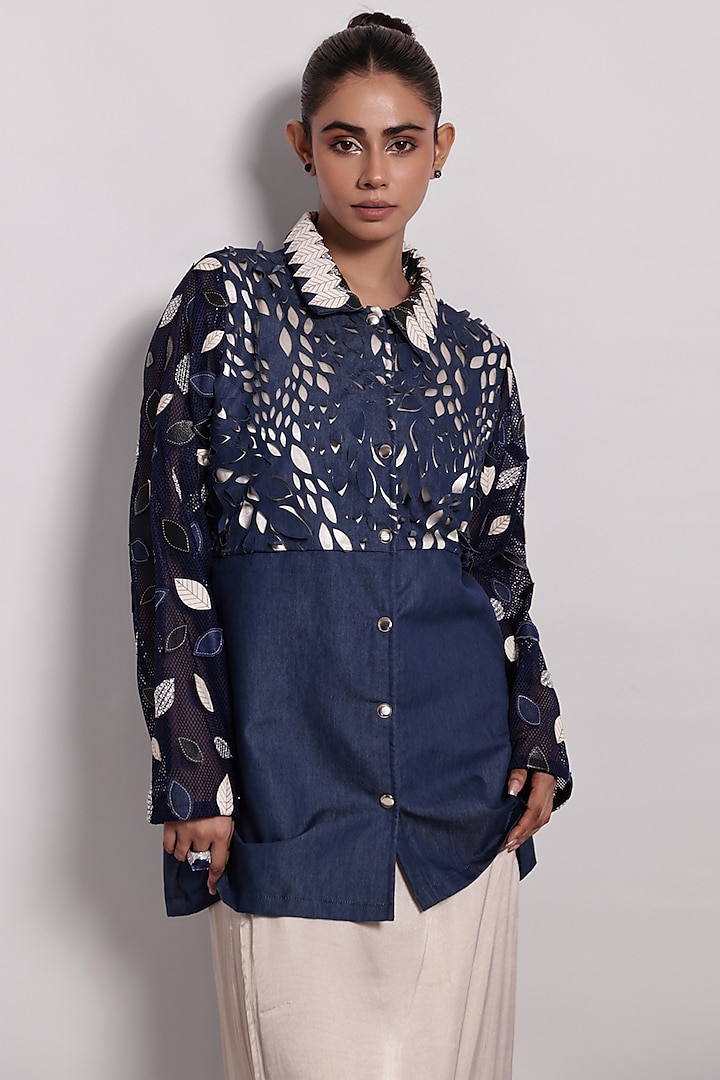 Denim Blue Sequin Leaf Embroidered Shirt by Devina Juneja at Pernia's Pop Up Shop