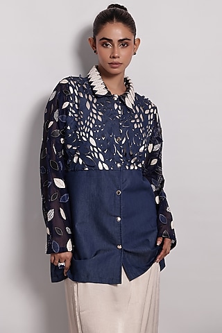 Denim Blue Sequin Leaf Embroidered Shirt by Devina Juneja