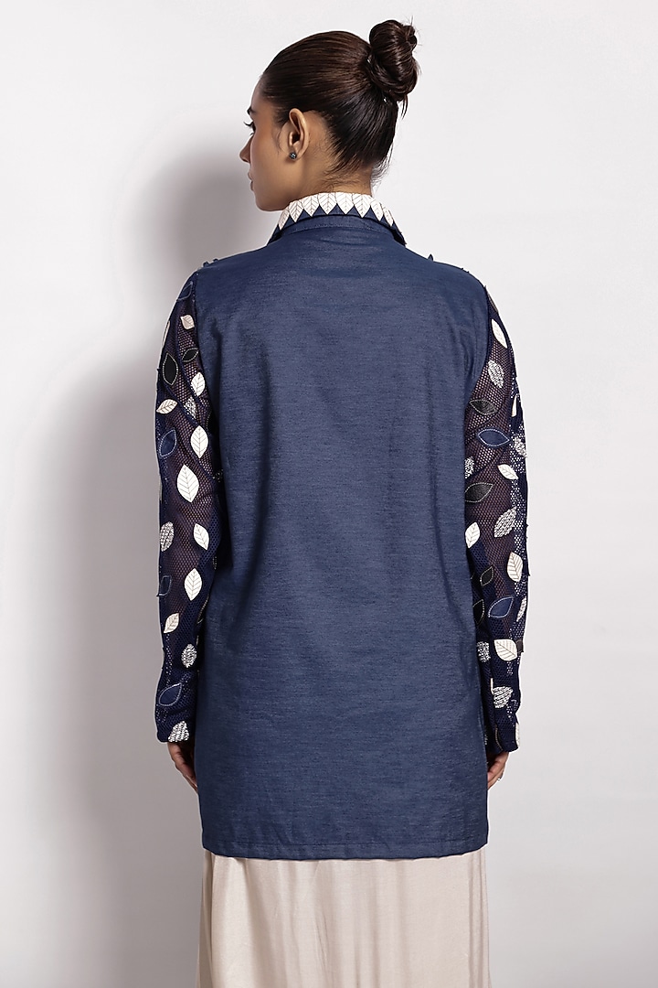 Denim Blue Sequin Leaf Embroidered Shirt by Devina Juneja at Pernia's Pop Up Shop