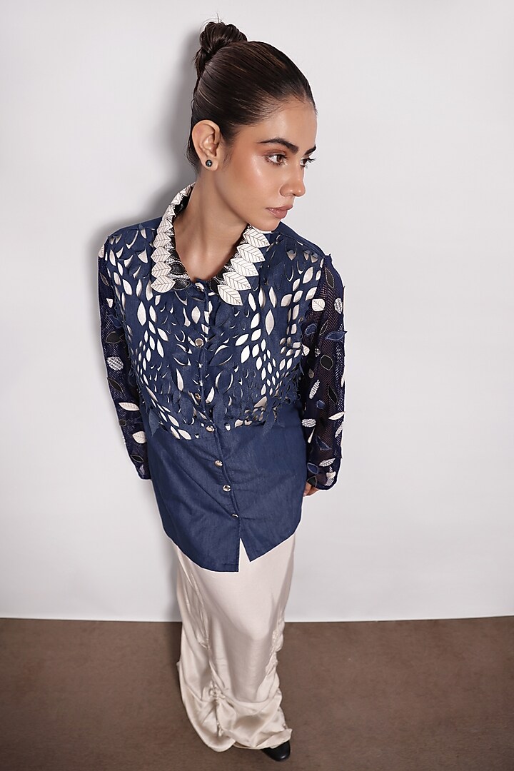 Denim Blue Sequin Leaf Embroidered Shirt by Devina Juneja at Pernia's Pop Up Shop