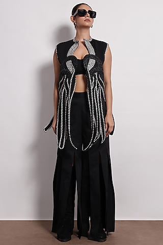 Black-White Crepe Monochrome Jacket by Devina Juneja