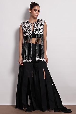 Black-Silver Metallic & Leather Handwoven Jacket by Devina Juneja
