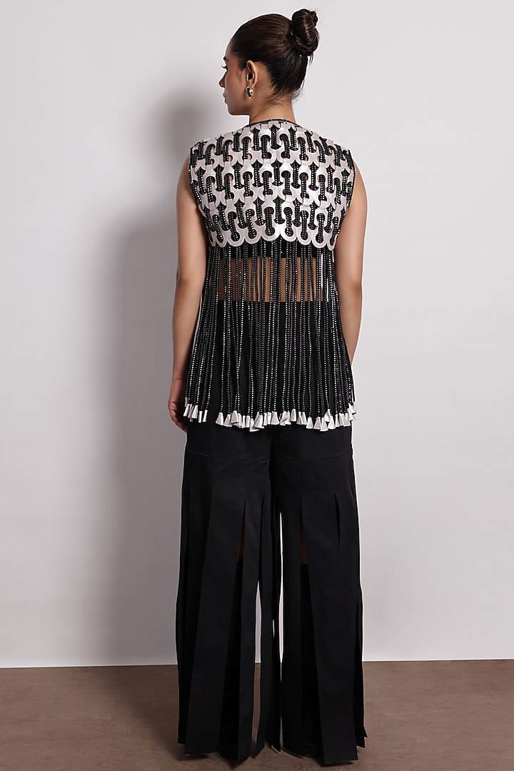 Black-Silver Metallic & Leather Handwoven Jacket by Devina Juneja at Pernia's Pop Up Shop