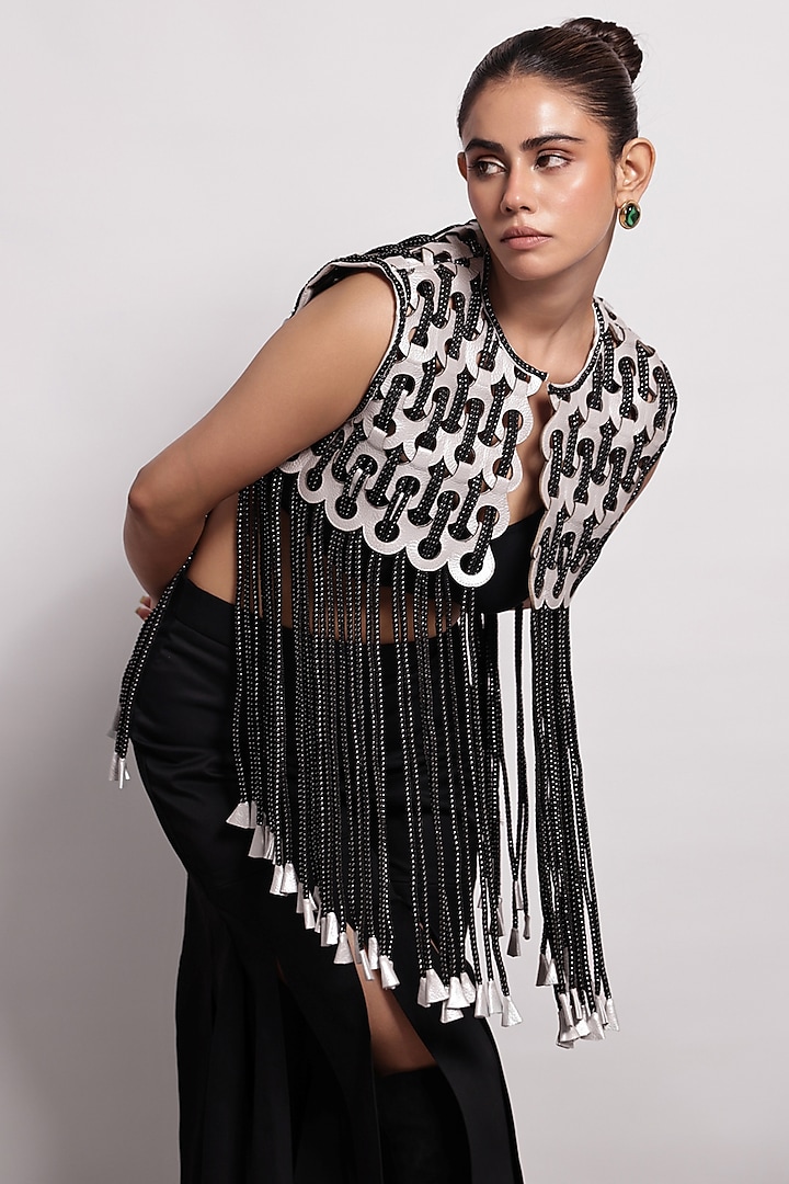 Black-Silver Metallic & Leather Handwoven Jacket by Devina Juneja at Pernia's Pop Up Shop