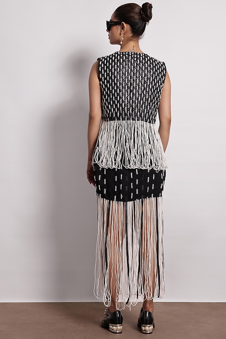 Black Leather Pearl Handwoven Jacket by Devina Juneja at Pernia's Pop Up Shop