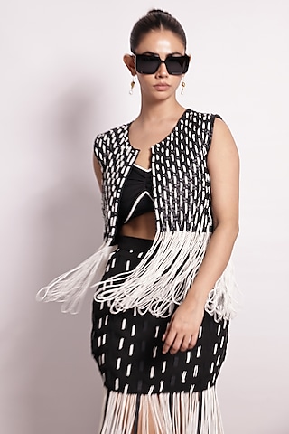 Black Crepe Pearl Maxi Skirt by Devina Juneja
