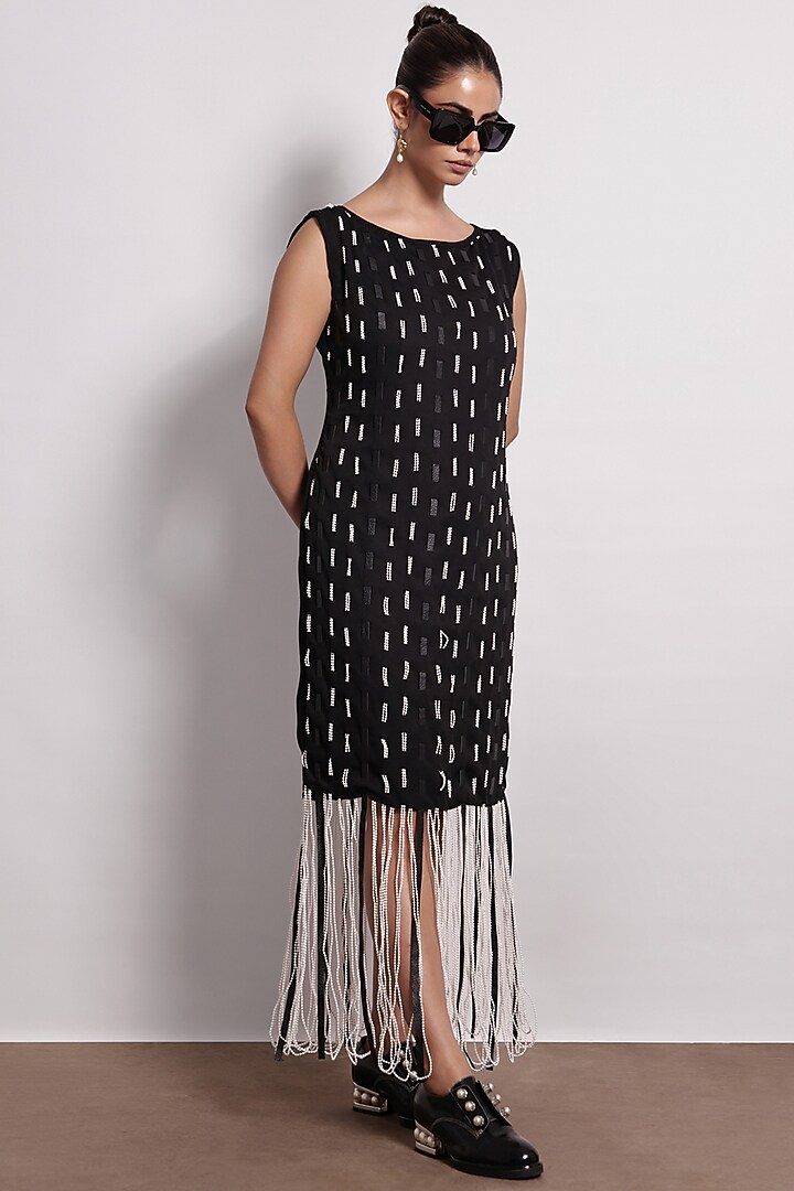 Black-White Crepe Pearl Vacation Dress by Devina Juneja at Pernia's Pop Up Shop