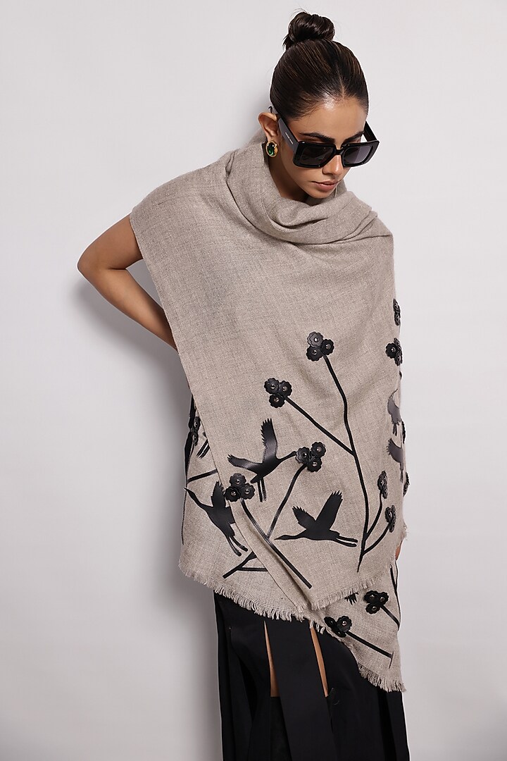 Grey Woolen Genuine Leather Applique Shawl by Devina Juneja at Pernia's Pop Up Shop