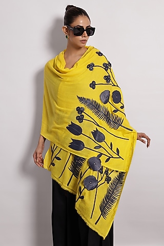 Mustard Woolen Genuine Leather Applique Shawl by Devina Juneja