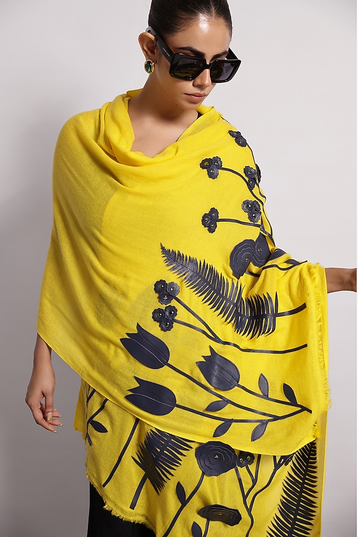 Mustard Woolen Genuine Leather Applique Shawl by Devina Juneja at Pernia's Pop Up Shop