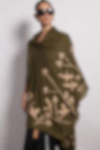 Olive Woolen Genuine Leather Applique Shawl by Devina Juneja at Pernia's Pop Up Shop