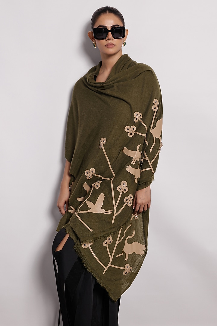 Olive Woolen Genuine Leather Applique Shawl by Devina Juneja at Pernia's Pop Up Shop
