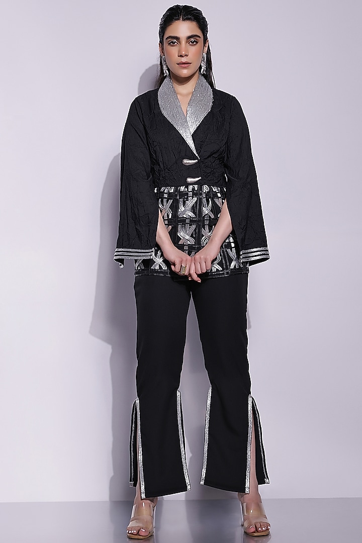 Black & Silver Crepe Metallic Dori Blazer by Devina Juneja at Pernia's Pop Up Shop