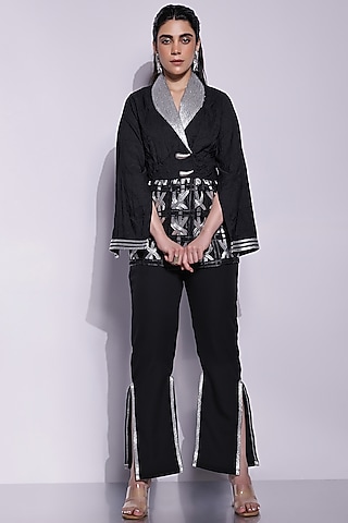 Black & Silver Crepe Metallic Dori Blazer by Devina Juneja
