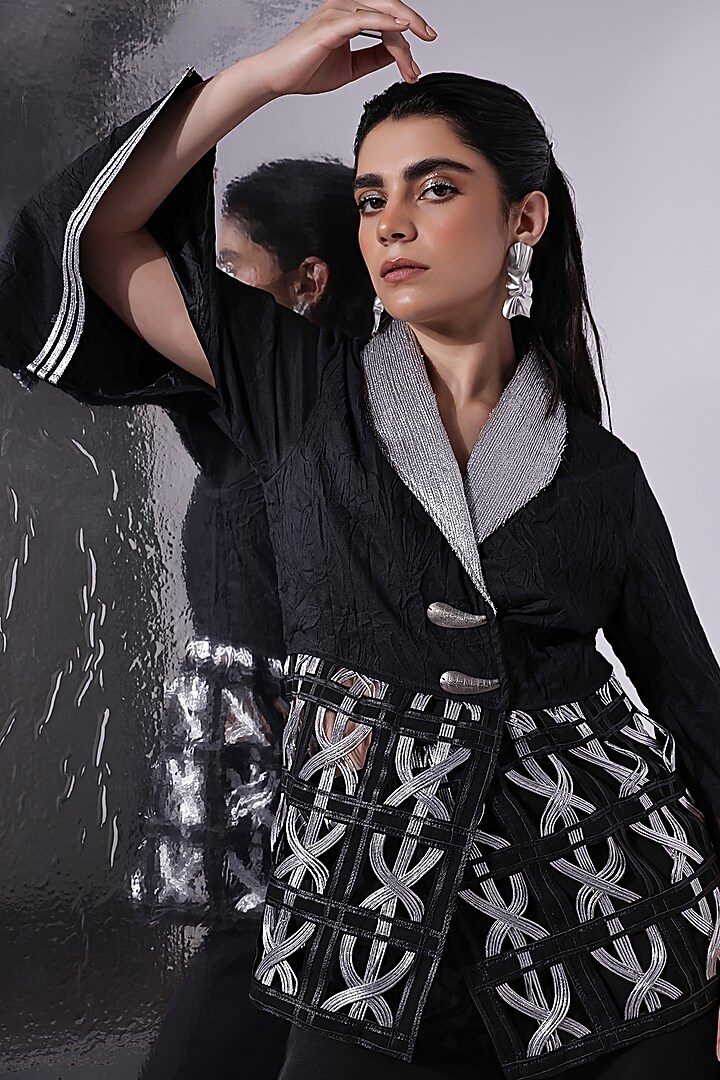Black & Silver Crepe Metallic Dori Blazer by Devina Juneja at Pernia's Pop Up Shop
