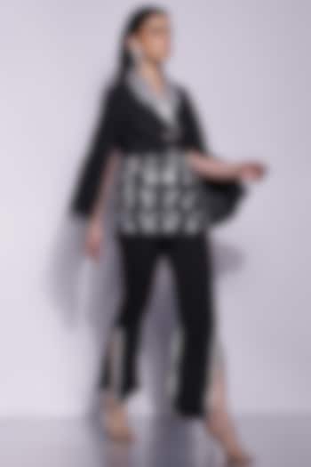 Black Crepe Applique Slit Pants by Devina Juneja at Pernia's Pop Up Shop