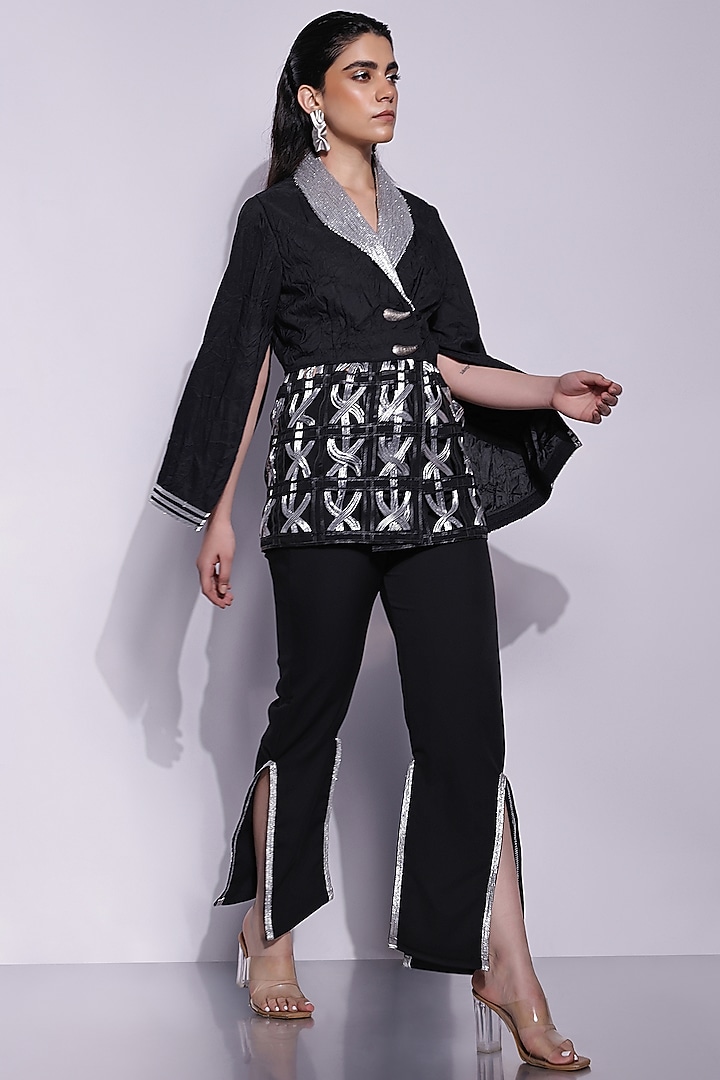 Black Crepe Applique Slit Pants by Devina Juneja at Pernia's Pop Up Shop