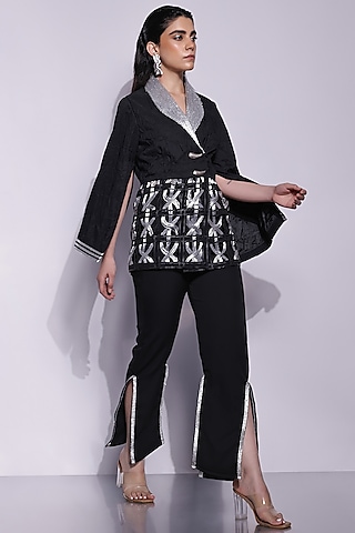 Black Crepe Applique Slit Pants by Devina Juneja