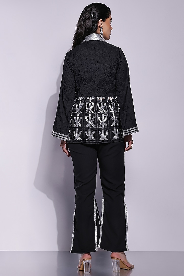 Black Crepe Applique Slit Pants by Devina Juneja at Pernia's Pop Up Shop