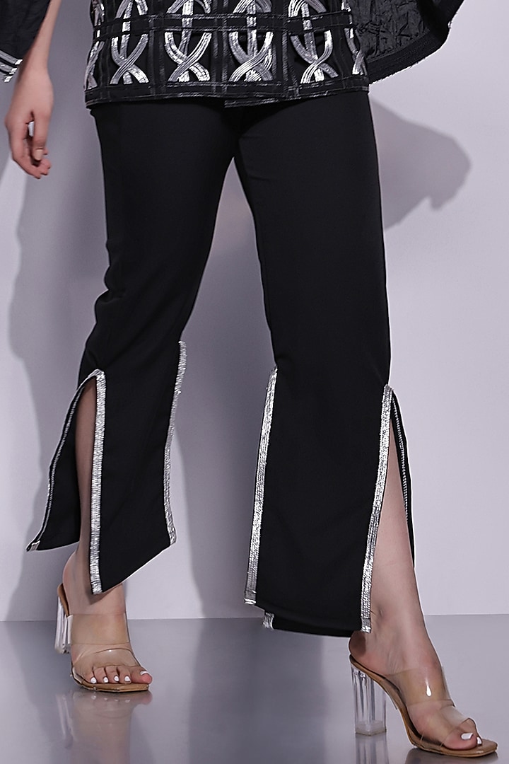 Black Crepe Applique Slit Pants by Devina Juneja at Pernia's Pop Up Shop