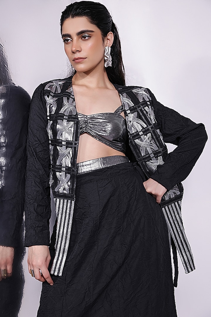 Black-Silver Crushed Crepe Satin Wrap Skirt by Devina Juneja at Pernia's Pop Up Shop