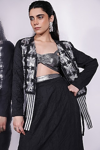 Black-Silver Crushed Crepe Satin Wrap Skirt by Devina Juneja