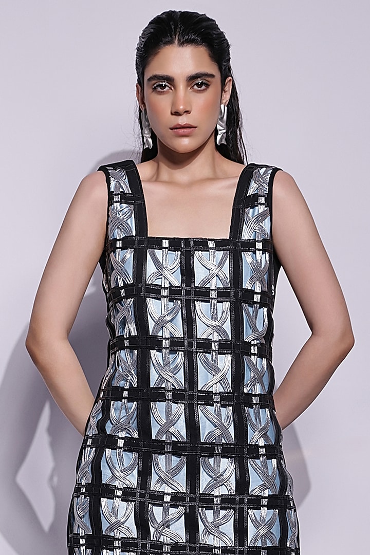 Black & Silver Crepe Metallic Dori Mini Vacation Dress by Devina Juneja at Pernia's Pop Up Shop