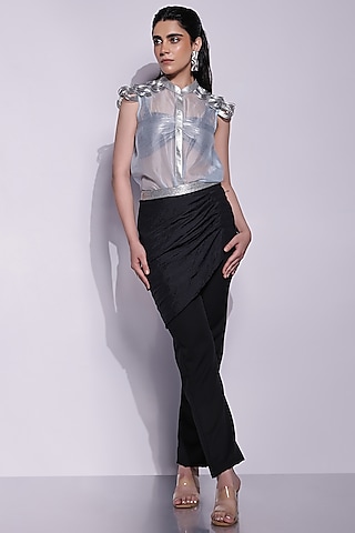 Black Crepe & Crushed Crepe Satin Draped Pants by Devina Juneja
