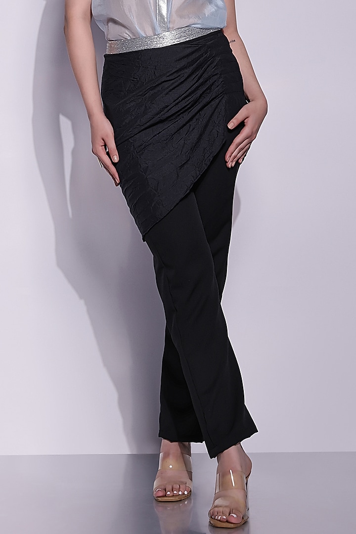 Black Crepe & Crushed Crepe Satin Draped Pants by Devina Juneja at Pernia's Pop Up Shop
