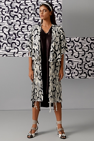 Black Mashru Satin Printed Cape Style Jacket by Devina Juneja