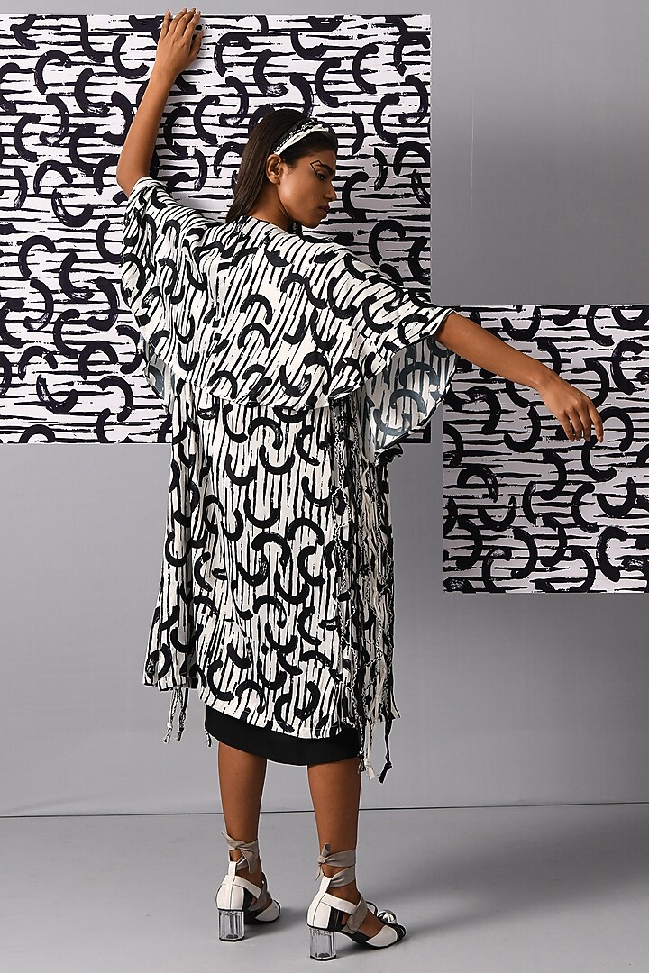 Black Mashru Satin Printed Cape Style Jacket by Devina Juneja at Pernia's Pop Up Shop